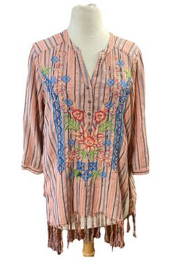 Aratta Silent Journey Women’s Embroidered Tunic Sz M Peach Blue Striped Tassels